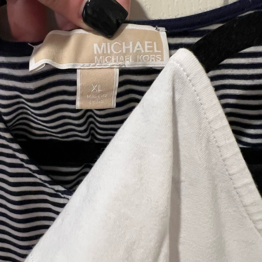 Michael Kors White & Navy Striped Cold Shoulder Tops - Picture 2 of 4